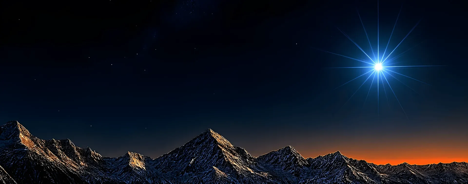 A landscape image of a rugged mountain range at night, with a bright star shining prominently in the dark sky, suggesting a North Star. The sky is deep blue-black, and the mountains are lit by a soft, warm glow.